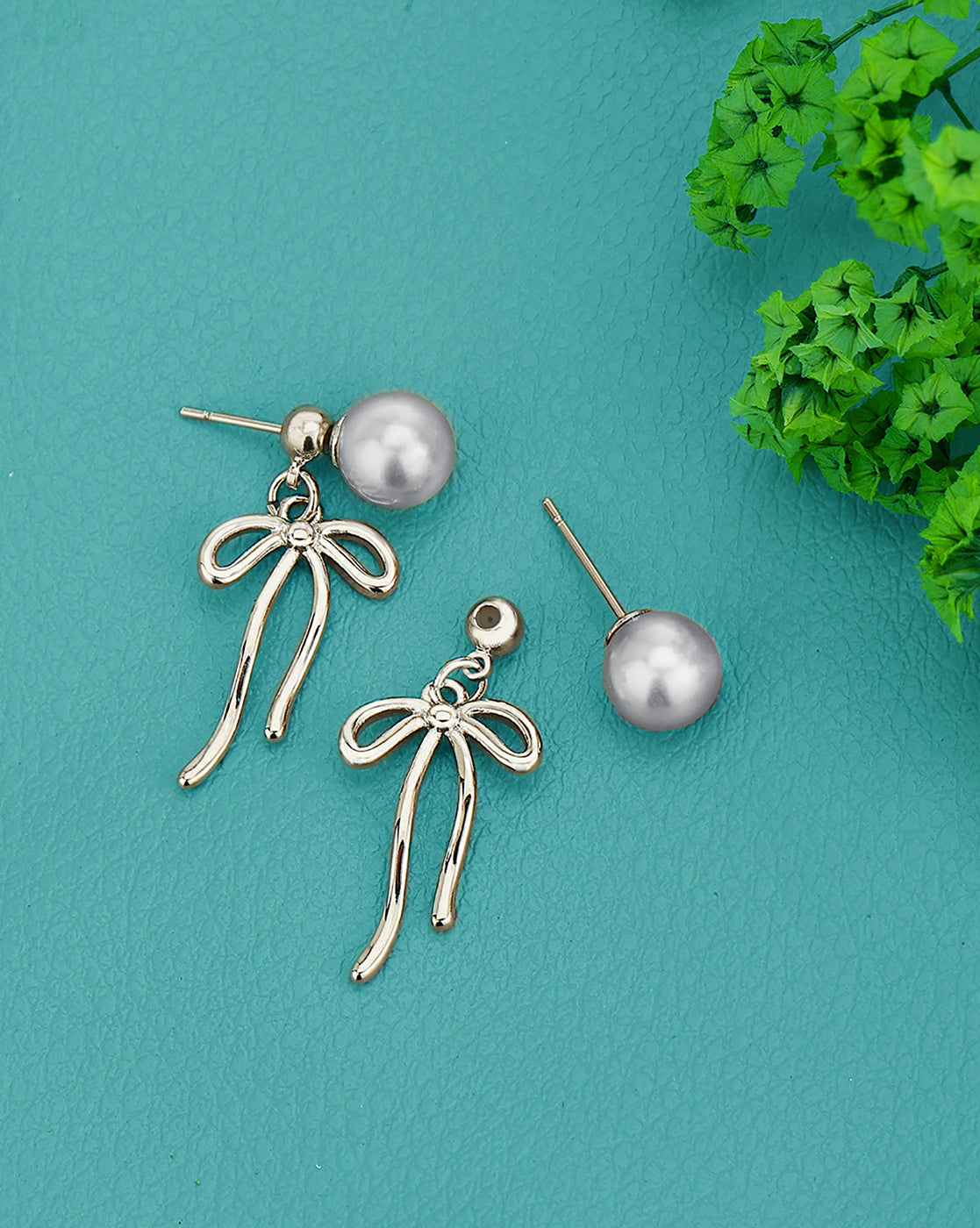 Silver Plated Grey Pearl Bow Front Back Drop Earring