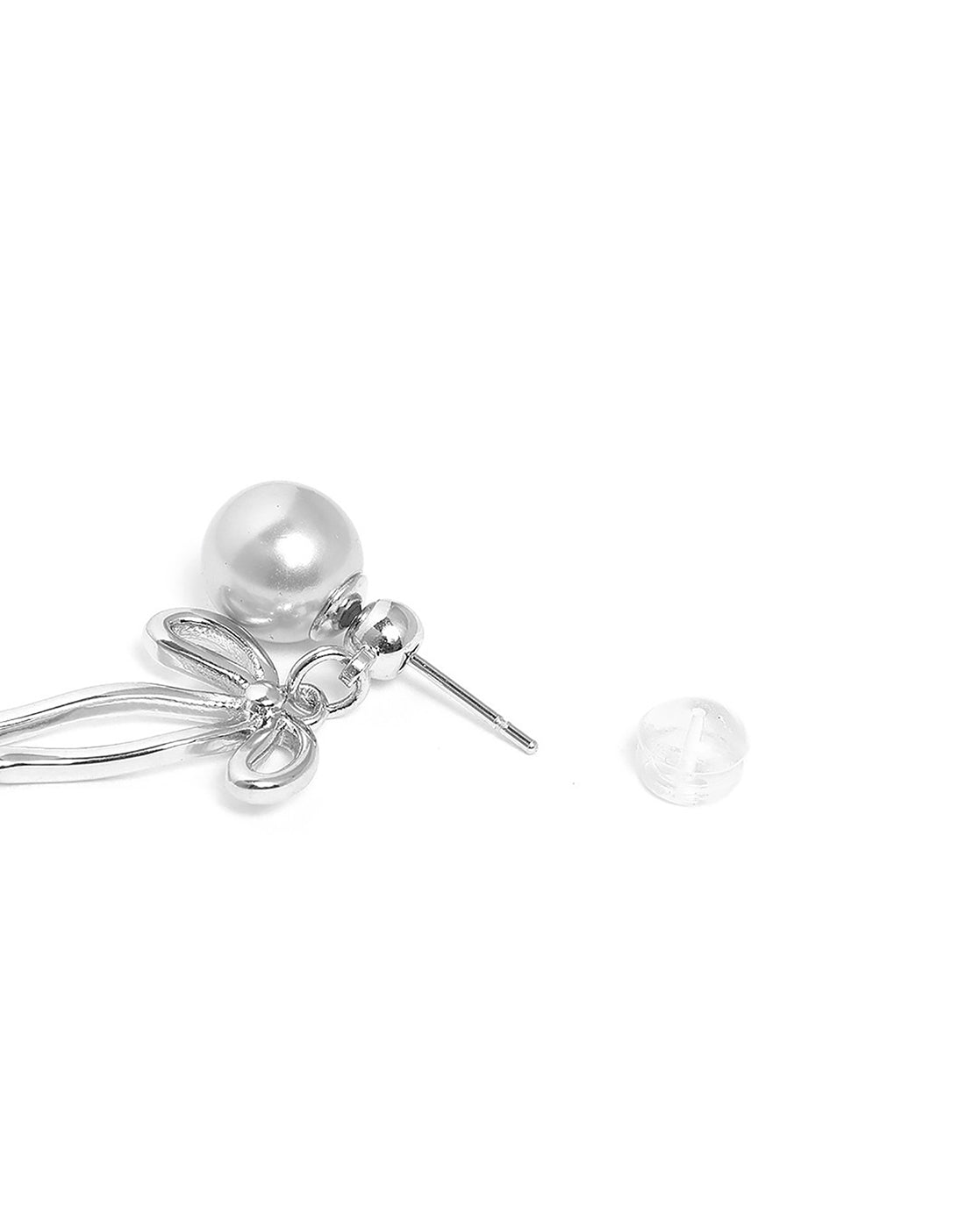 Silver Plated Grey Pearl Bow Front Back Drop Earring
