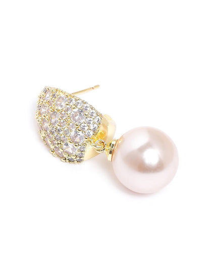 Gold Plated Dangling Pearl and CZ Contemporary Drop Earring