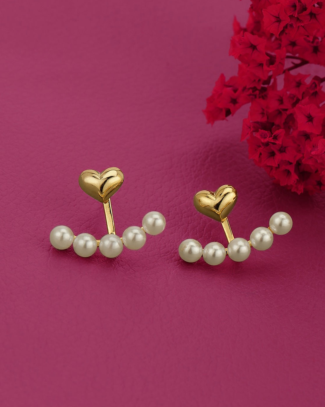 Gold Plated CZ and Pearl Fancy Heart Ear Jacket Earring