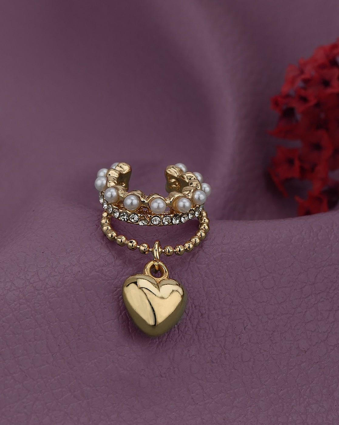 Gold Plated Pearl Dangling Heart Ear Cuff Earring