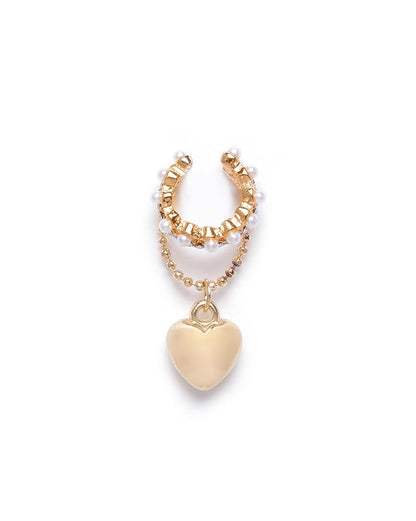 Gold Plated Pearl Dangling Heart Ear Cuff Earring