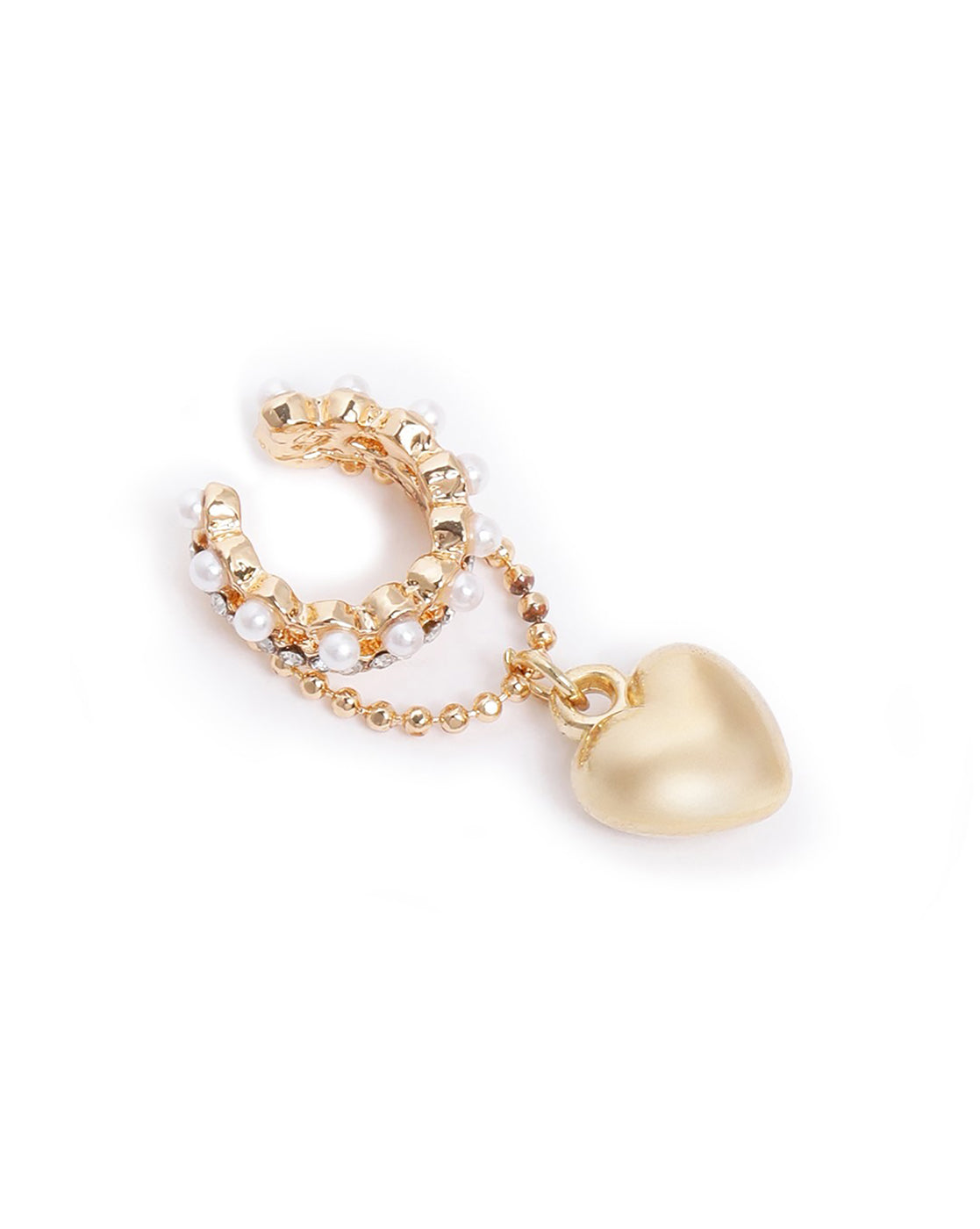 Gold Plated Pearl Dangling Heart Ear Cuff Earring