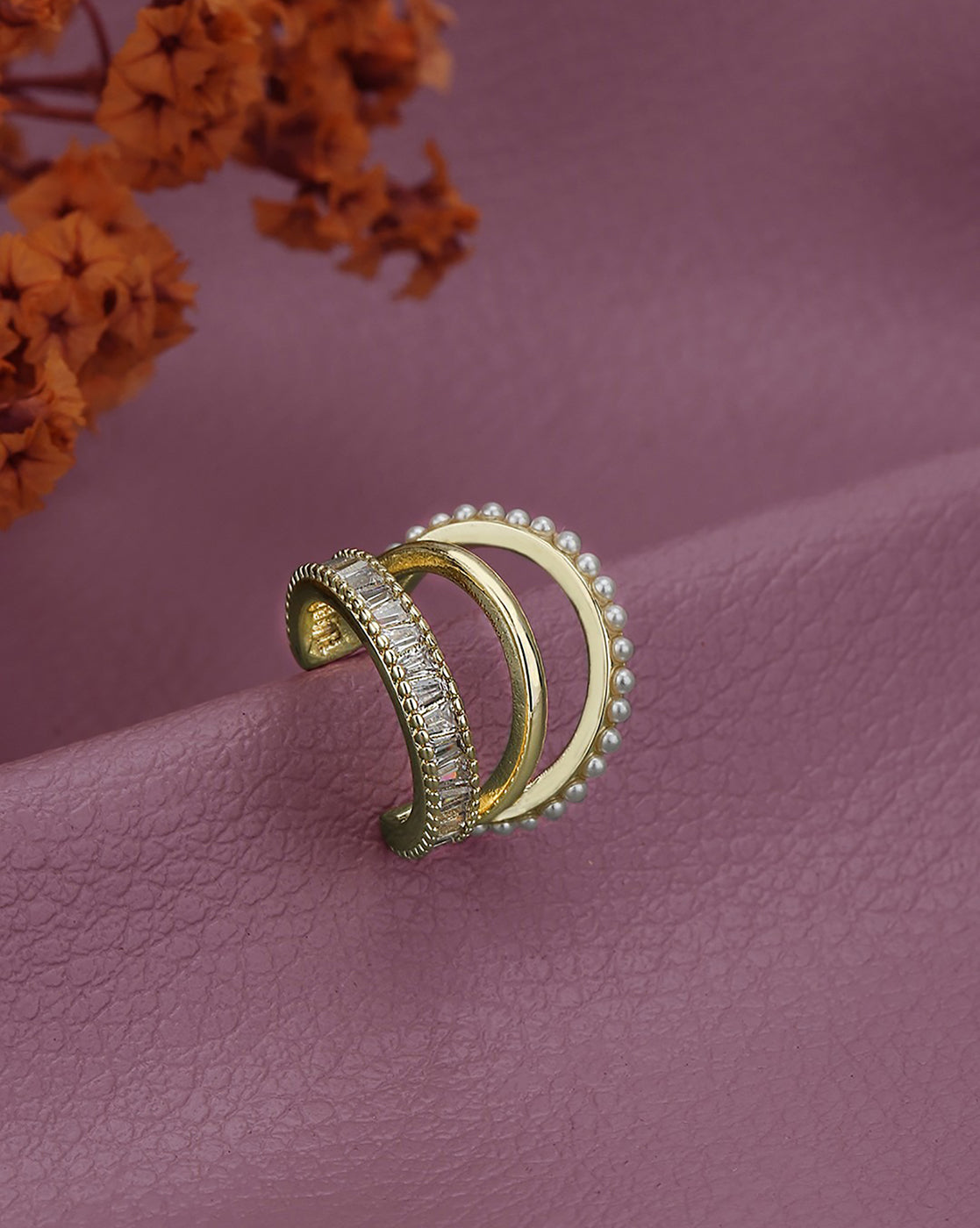 Gold Plated Pearl and CZ Fancy Ear Cuff Earring