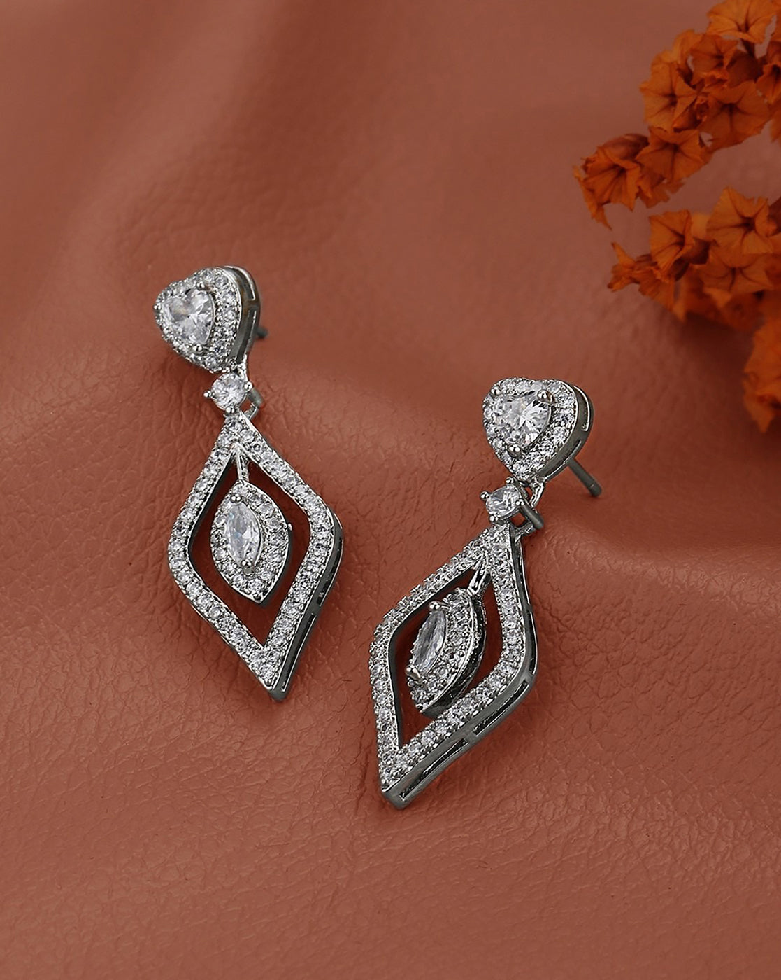 Premium Silver Plated CZ Heart and Marquise Fancy Drop Earring