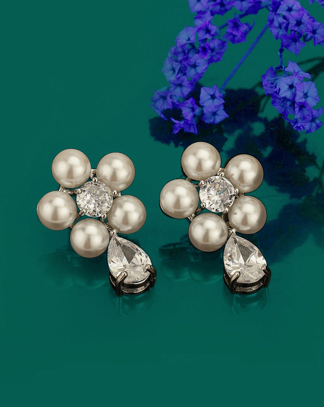 Premium Silver Plated CZ and Pearl Floral Drop Earring