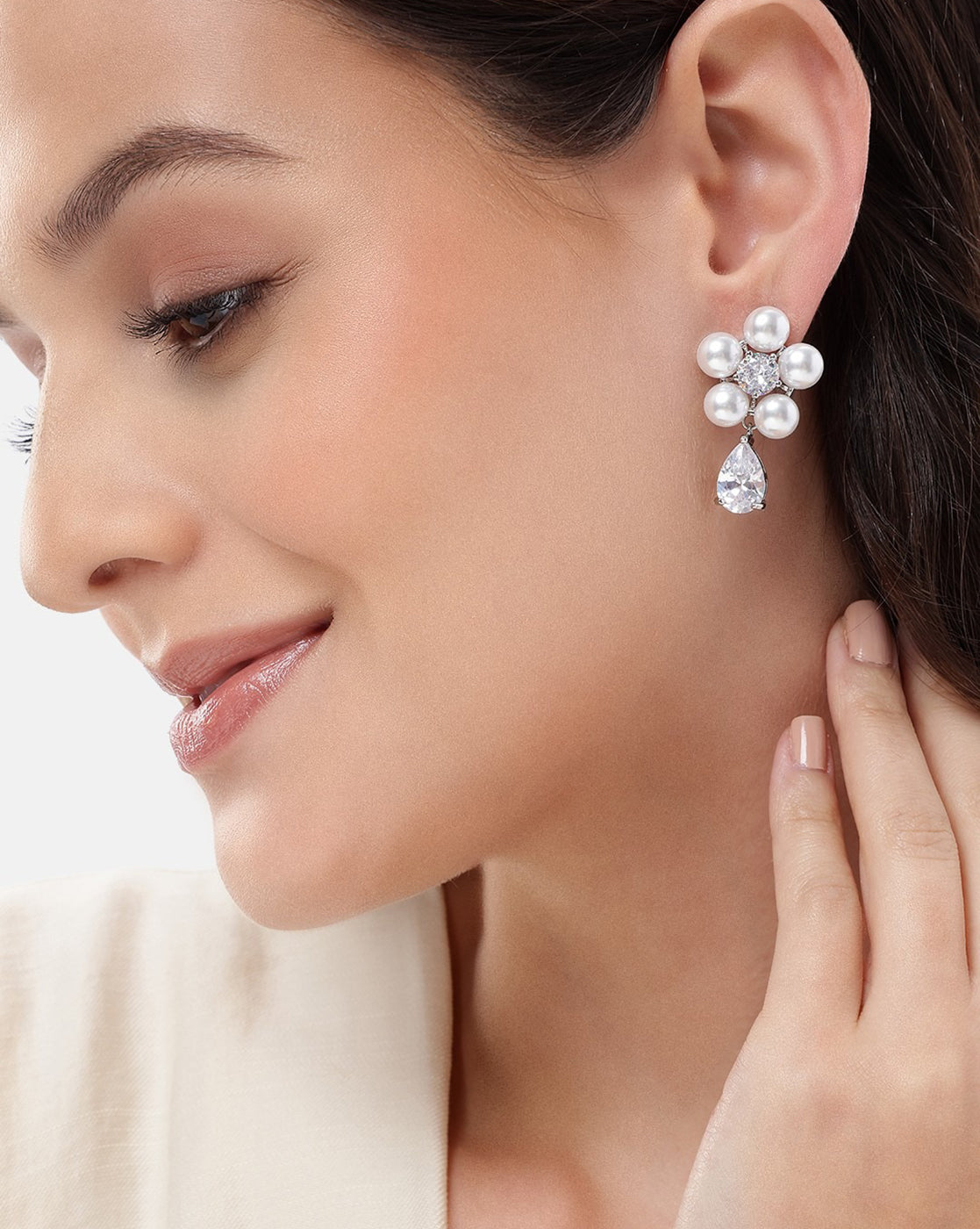 Premium Silver Plated CZ and Pearl Floral Drop Earring