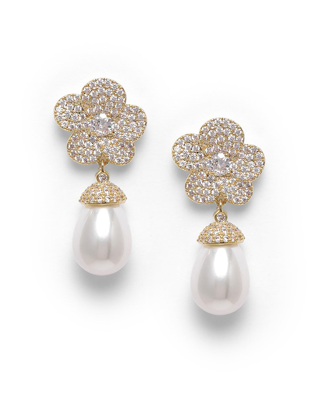 Premium Gold Plated CZ Dangling Pearl Floral Drop Earring