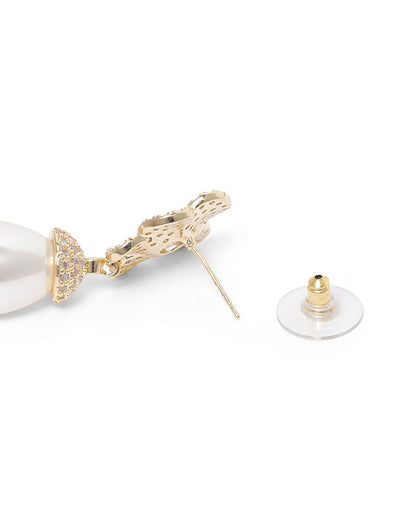 Premium Gold Plated CZ Dangling Pearl Floral Drop Earring
