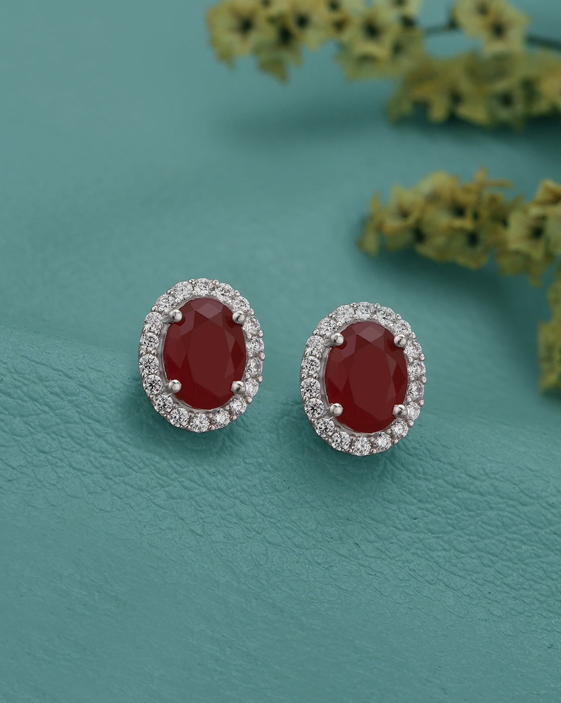 Rhodium Plated CZ Ruby Oval Stud Earring