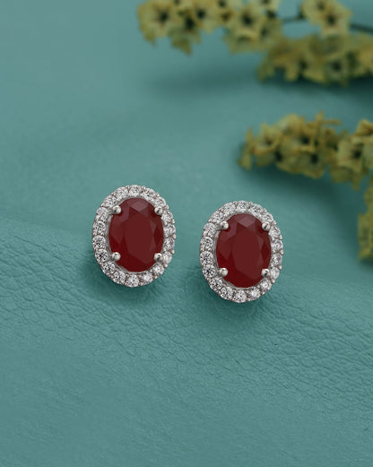 Rhodium Plated CZ Ruby Oval Stud Earring