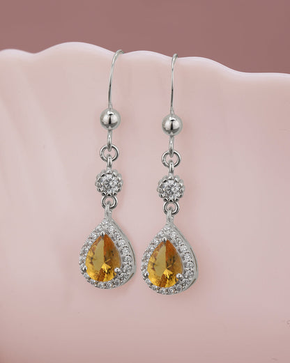 Rhodium Plated CZ Citrine Teardrop Drop Earring