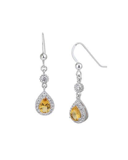 Rhodium Plated CZ Citrine Teardrop Drop Earring
