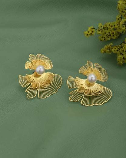 Gold Plated White Pearl Contemporary Bold Stud Earring