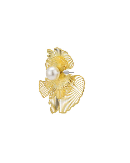 Gold Plated White Pearl Contemporary Bold Stud Earring