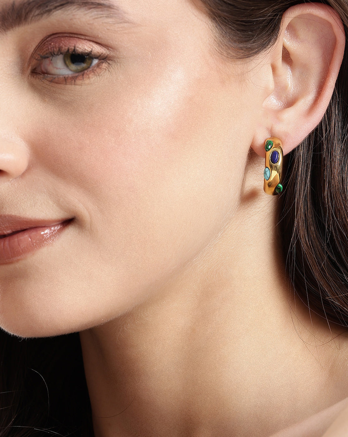 18kt Gold Plated Multiple Stone Contemporary Half Hoop Earring