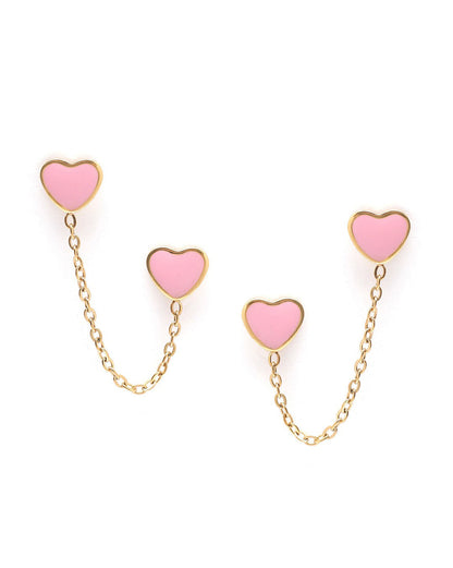 18kt Gold Plated Pink Enamel Heart Stud with Chain Earring