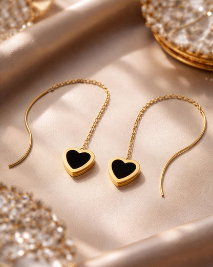 18kt Gold Plated Black Enamel Heart Threader Earring