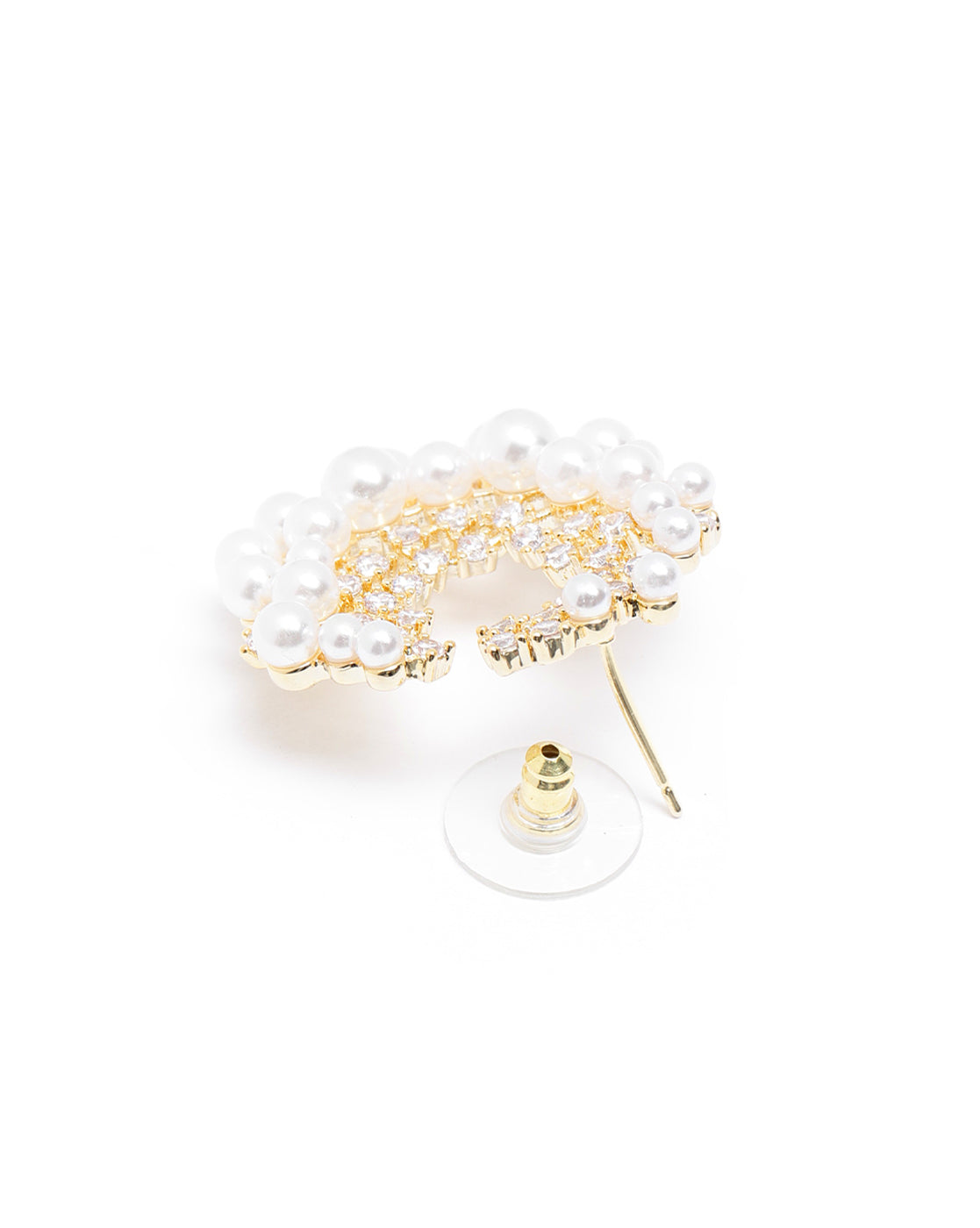 Gold-Plated Pearl &amp; CZ Embellished Bold Hoops Earrings