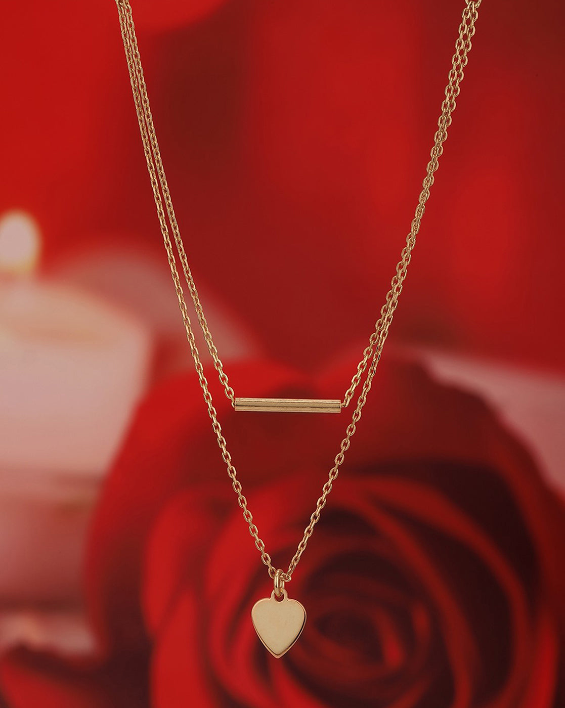 18kt Rose Gold Plated Dangling Heart Double Chain Layered Necklace
