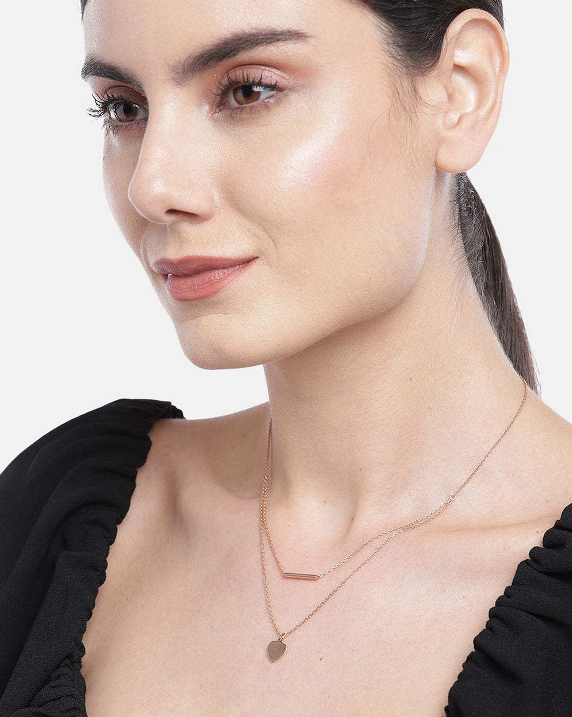18kt Rose Gold Plated Dangling Heart Double Chain Layered Necklace