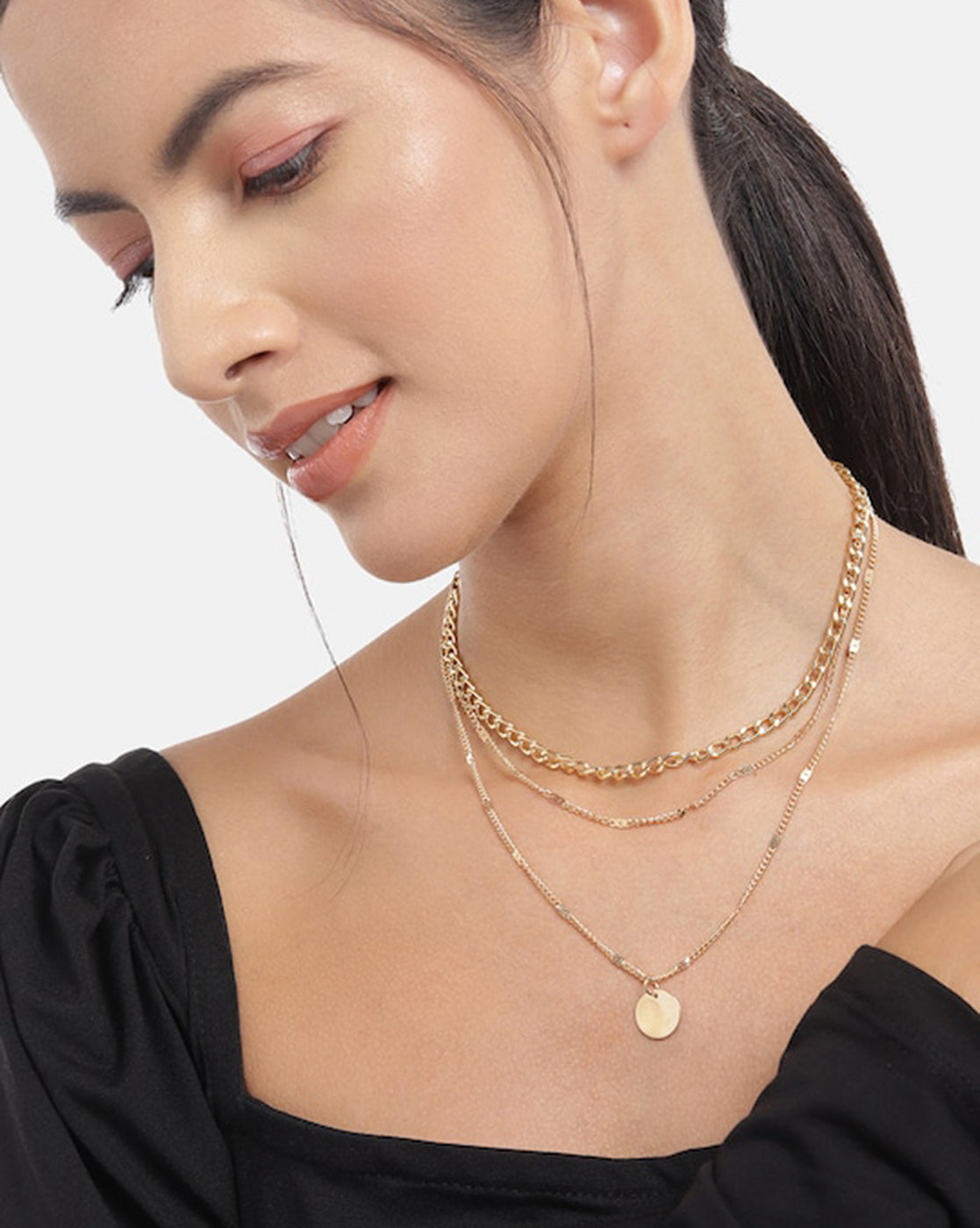 Gold Plated With Triple Chain Layered Necklace For Women