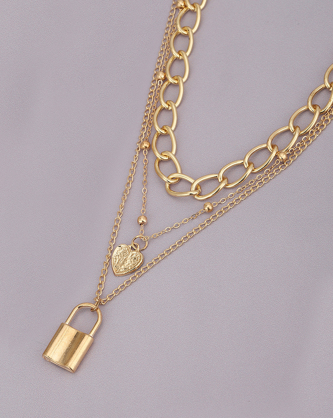 Gold Plated Triple Chain With Dangling Heart &amp; Lock Fashionable Necklace For Women