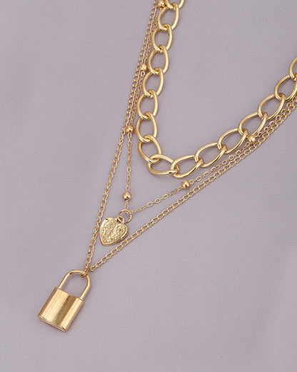 Gold Plated Triple Chain With Dangling Heart &amp; Lock Fashionable Necklace For Women