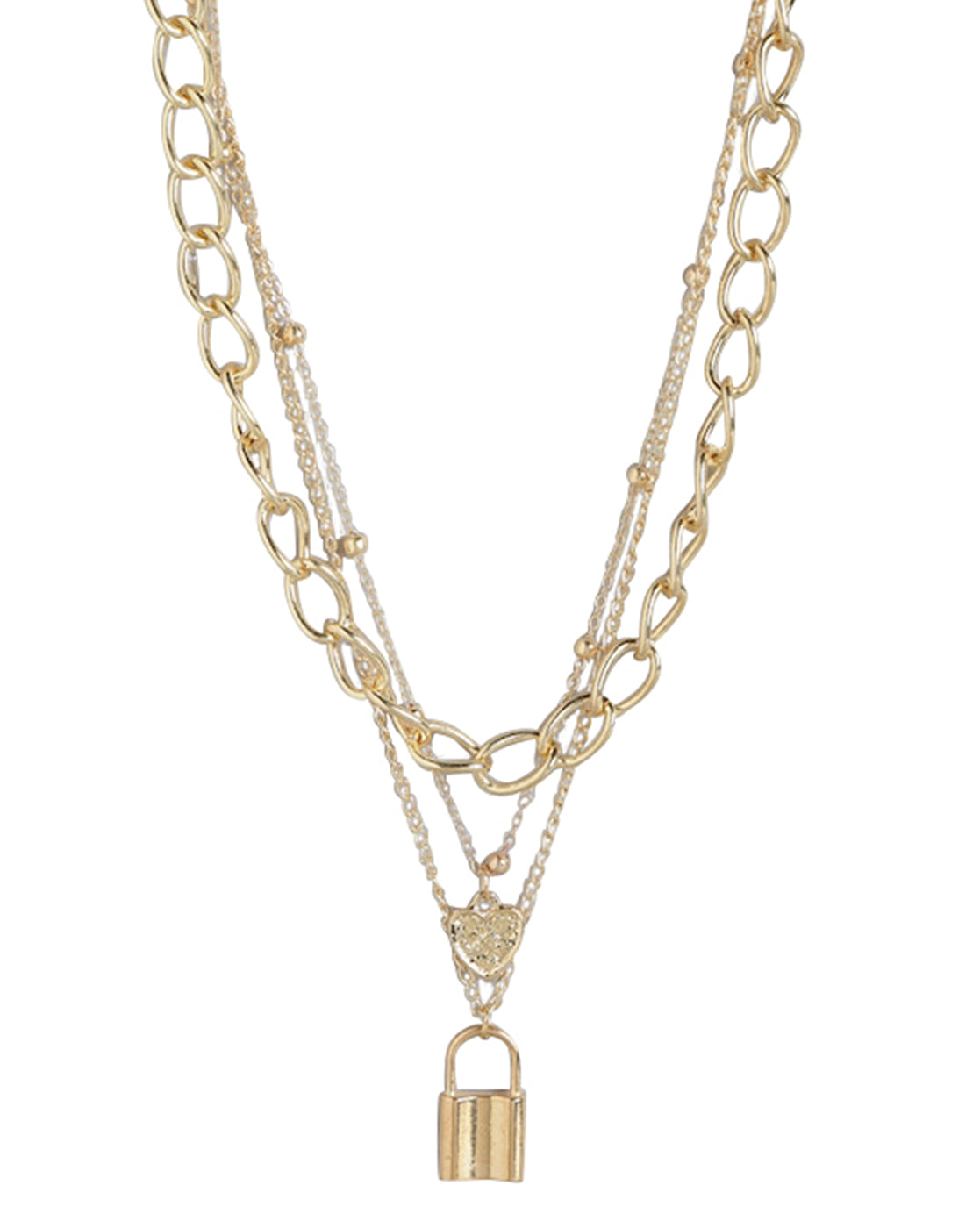 Gold Plated Triple Chain With Dangling Heart &amp; Lock Fashionable Necklace For Women