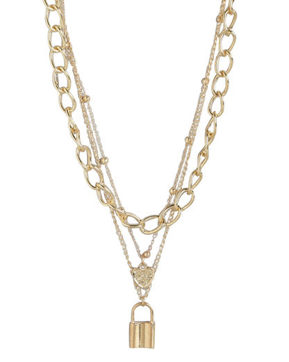 Gold Plated Triple Chain With Dangling Heart &amp; Lock Fashionable Necklace For Women