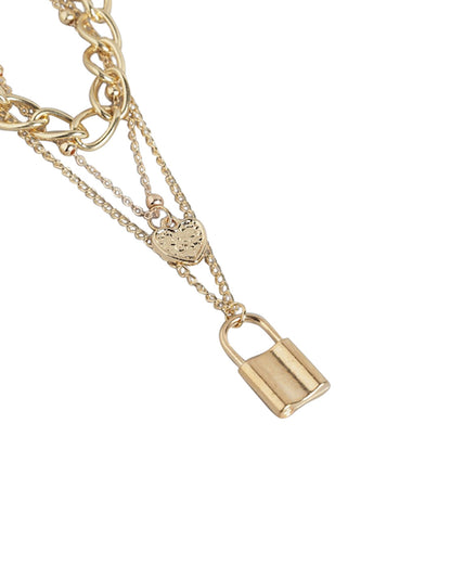 Gold Plated Triple Chain With Dangling Heart &amp; Lock Fashionable Necklace For Women