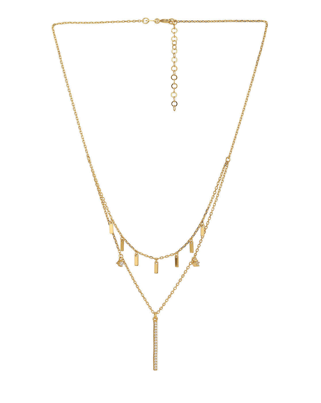 18Kt Gold Plated Layered Necklace With Dangling Bar &amp; Cz Double Row Chain