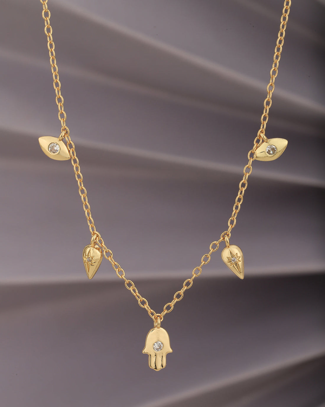 Gold Plated CZ Hanging Hamsa Necklace for women