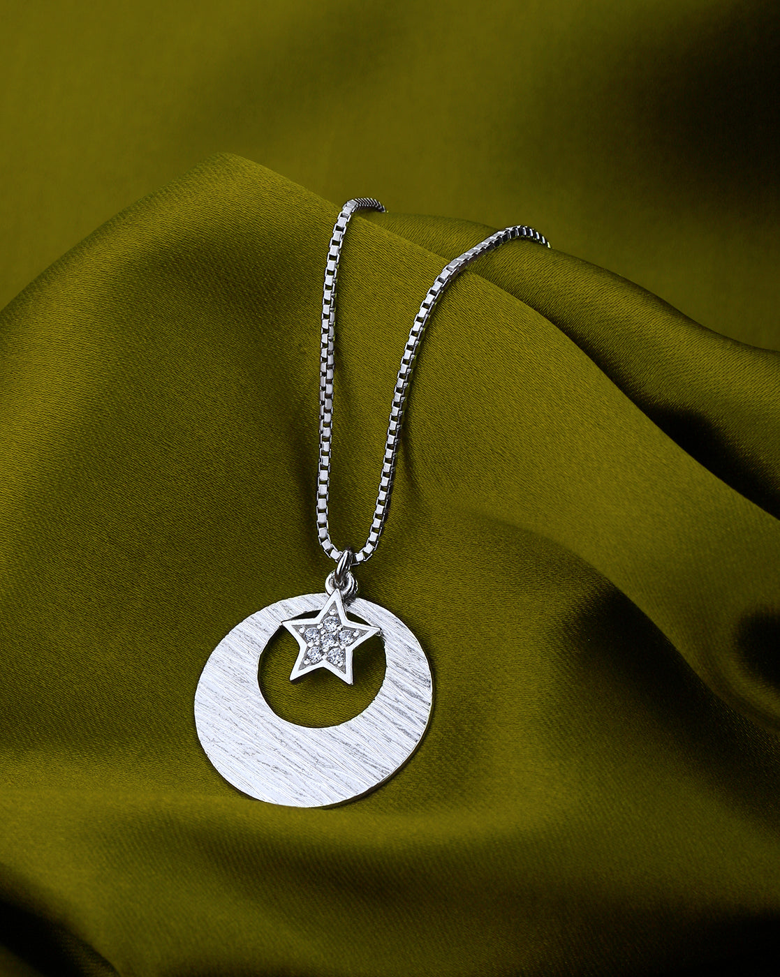 Rhodium Plated CZ Circle with Star Pendant and Chain