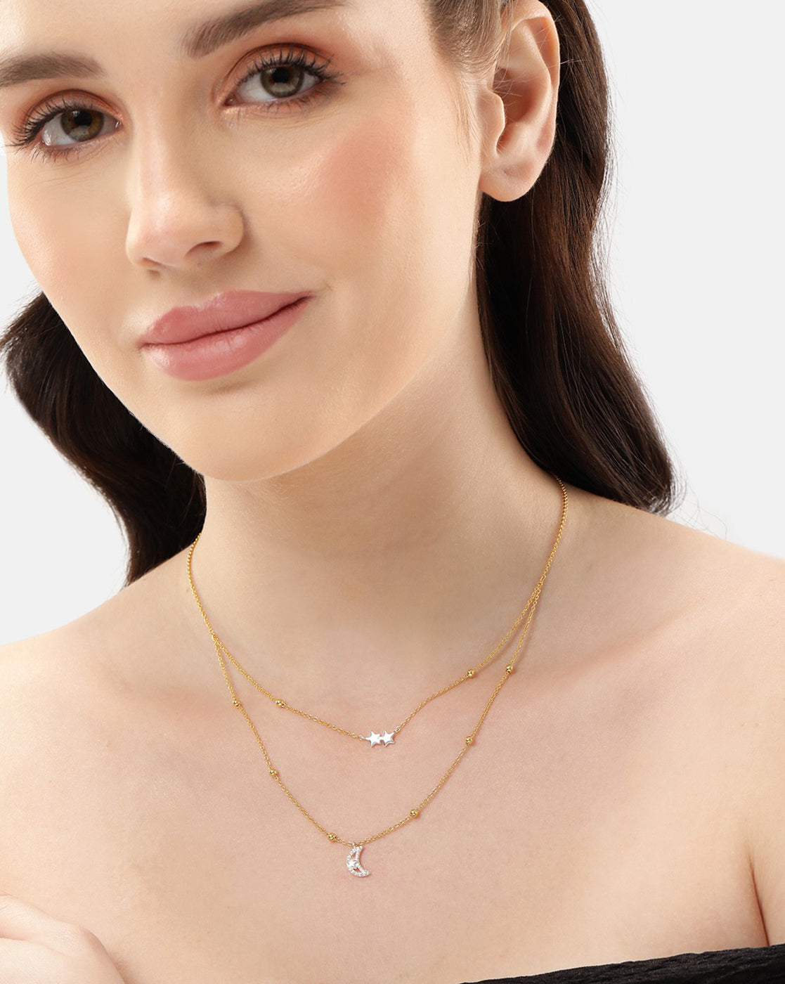 18kt Gold and Rhodium Plated Moon and Star Double Chain Necklace
