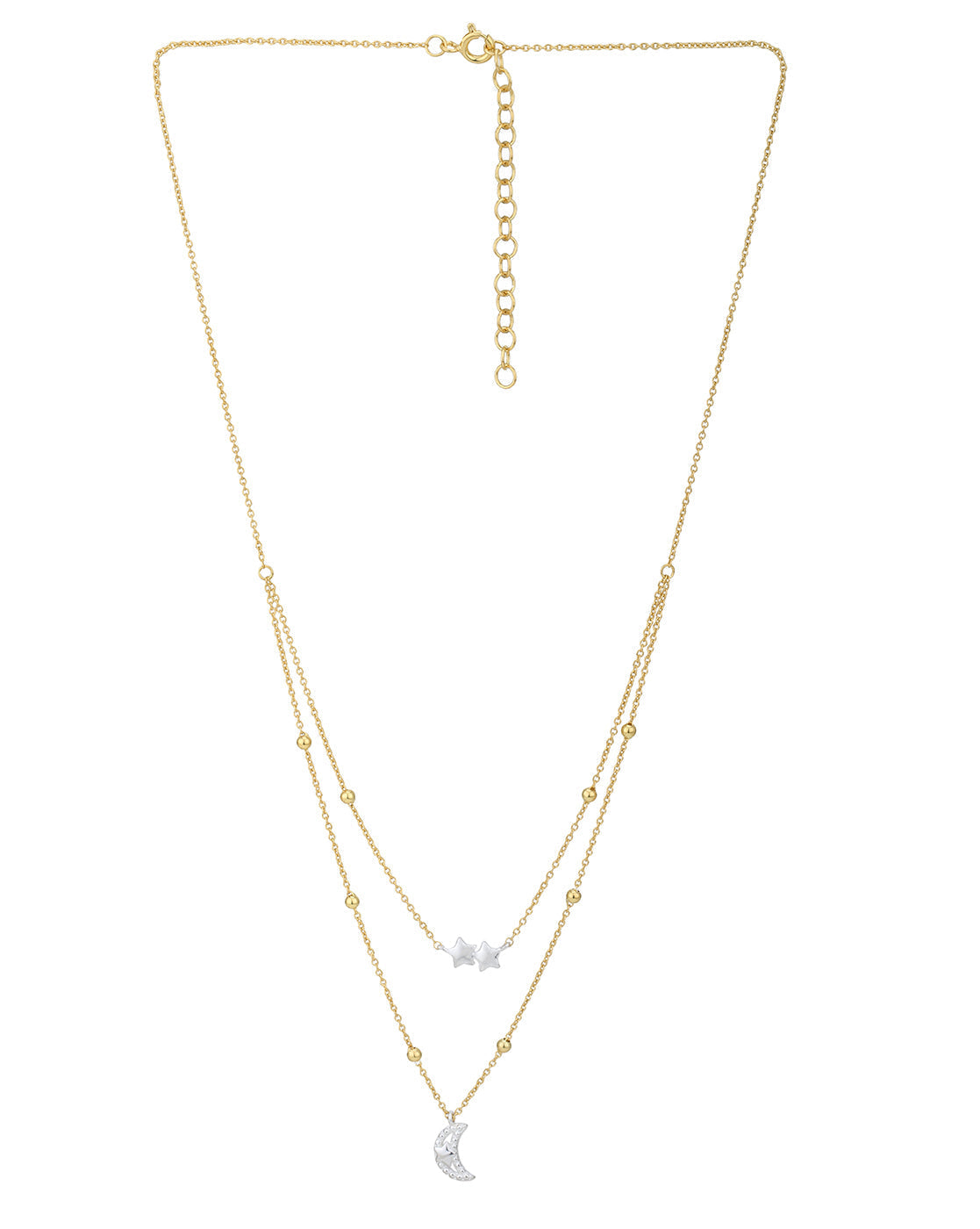 18kt Gold and Rhodium Plated Moon and Star Double Chain Necklace