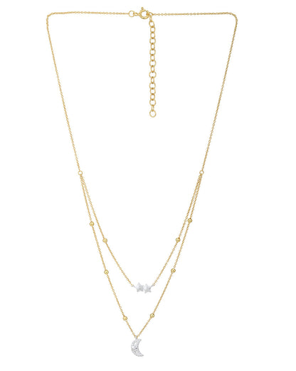 18kt Gold and Rhodium Plated Moon and Star Double Chain Necklace