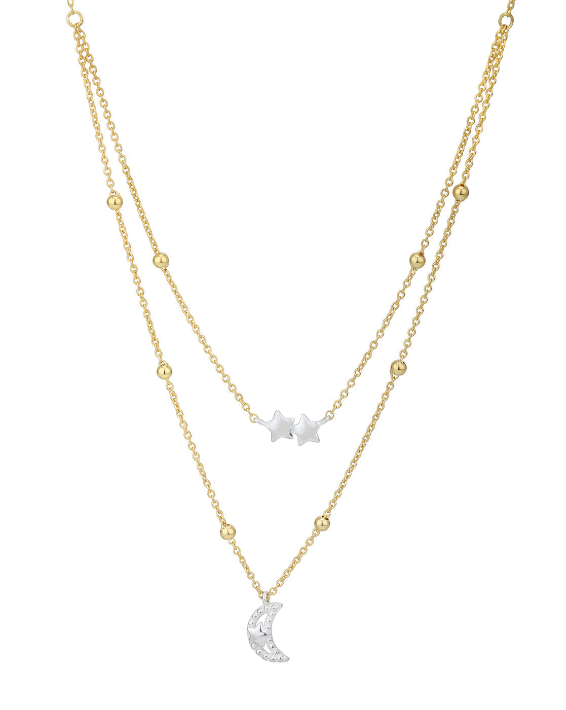 18kt Gold and Rhodium Plated Moon and Star Double Chain Necklace