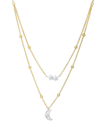 18kt Gold and Rhodium Plated Moon and Star Double Chain Necklace