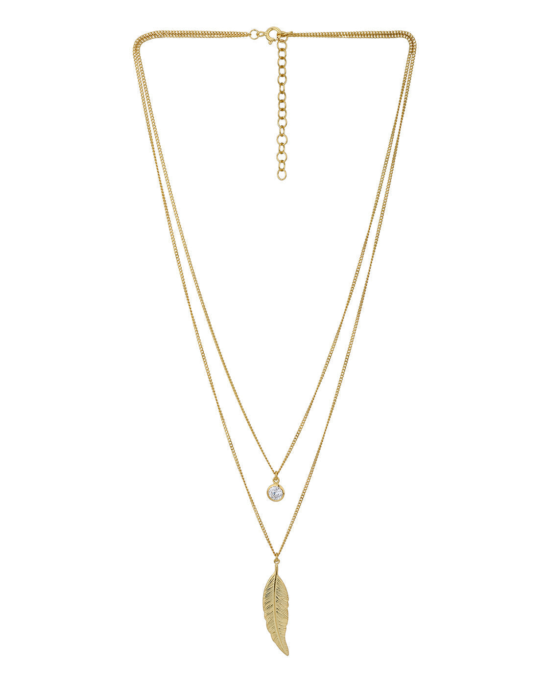 18kt Gold Plated CZ and Leaf Double Chain Necklace
