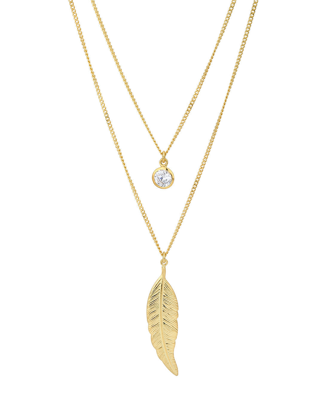 18kt Gold Plated CZ and Leaf Double Chain Necklace