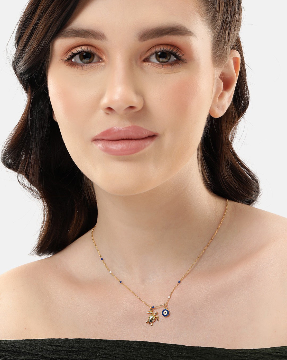 18kt Gold Plated Evil Eye and Enamel Turtle Pendant and Chain