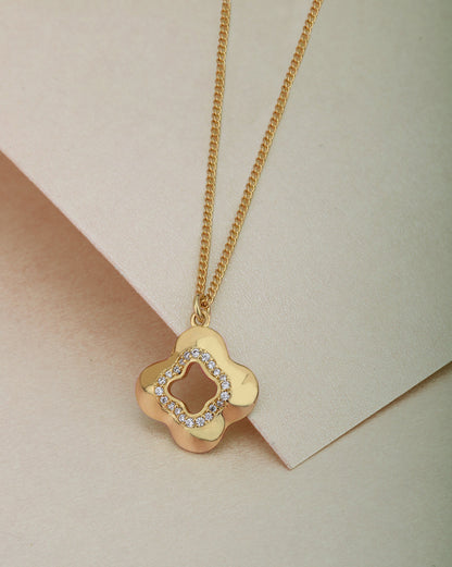 18kt Gold Plated CZ Four-Clover Pendant and Chain