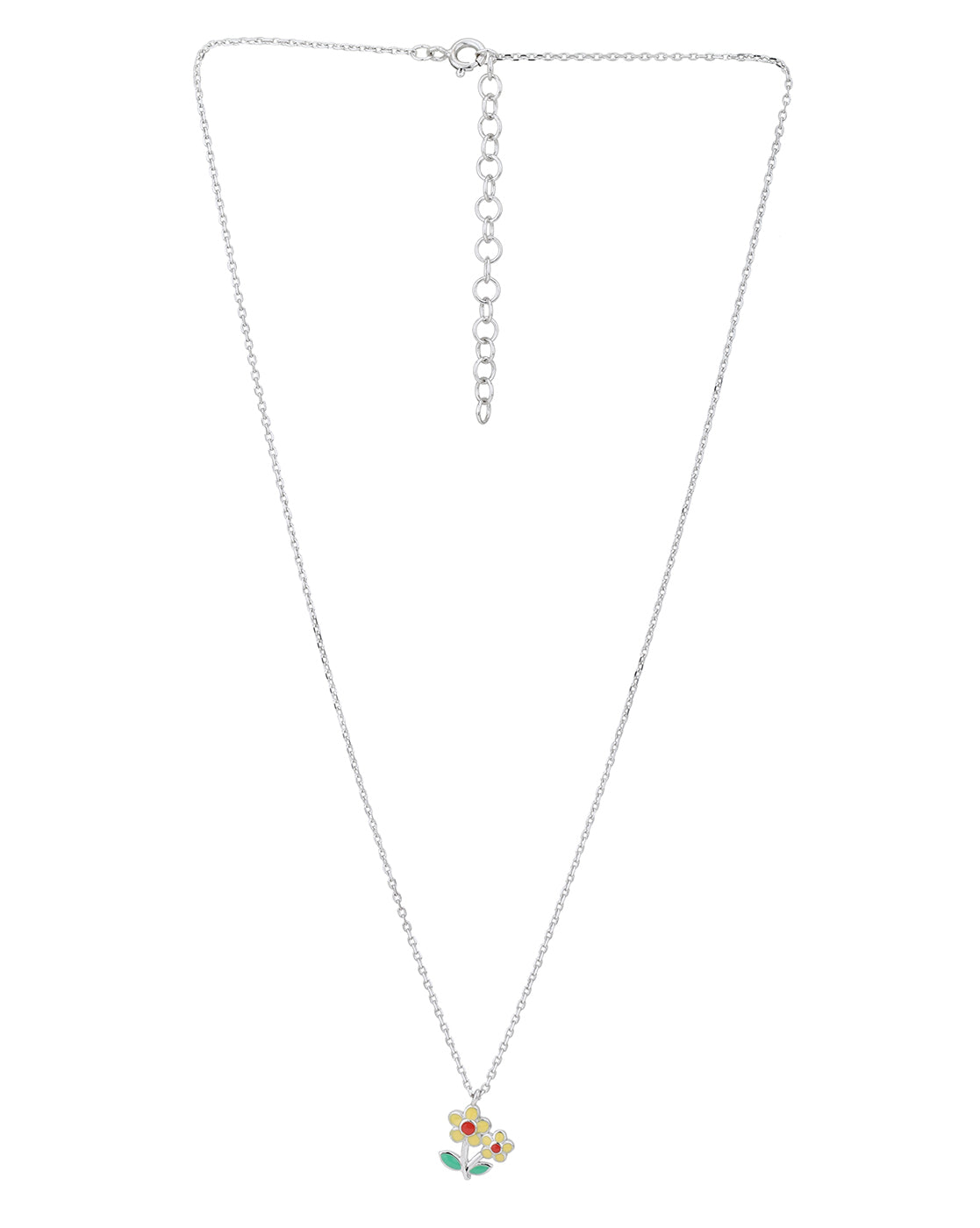 Rhodium Plated Floral Enamel Pendant and Chain