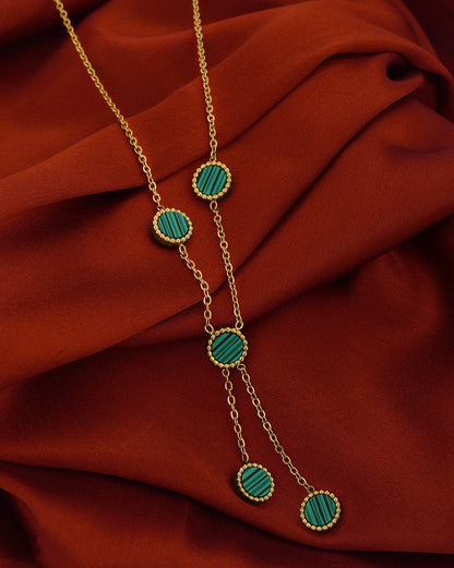 18kt Gold Plated Stainless Steel Green Malachite Lariat Necklace