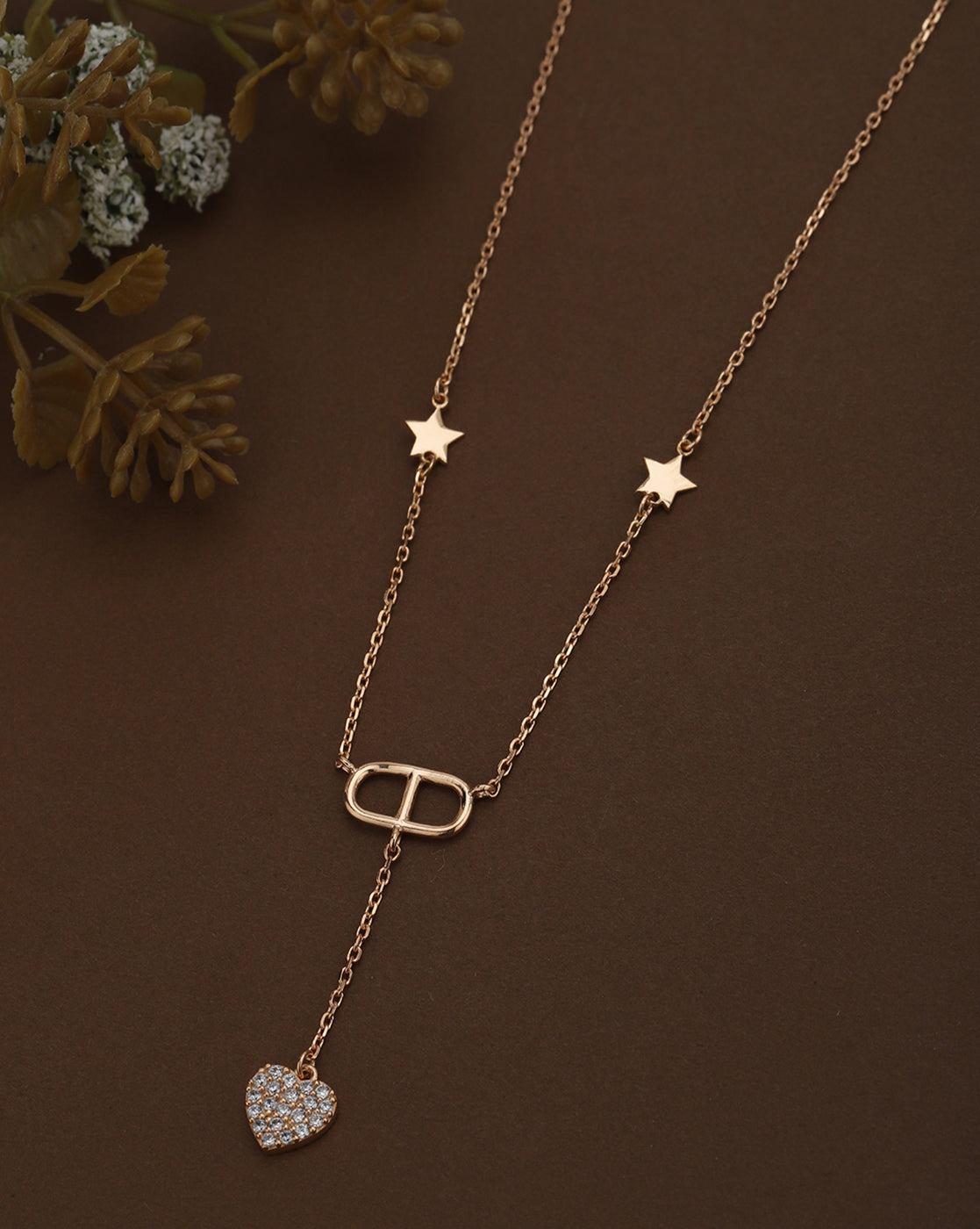 18kt Rose Gold Plated Star Charm CZ Heart Lariat Necklace