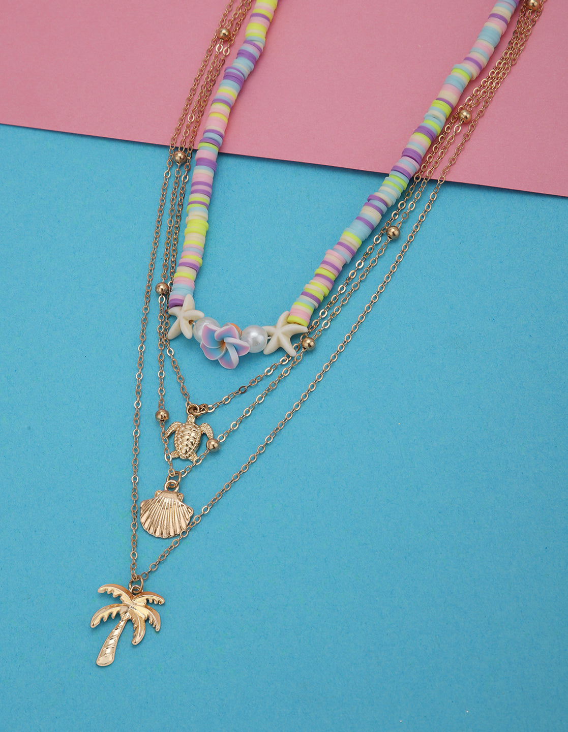 GenZ Set of 2 Rose Gold Plated Multi Layered Tortoise Shell Palm Tree Multi Pack Necklace