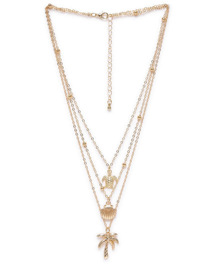 GenZ Set of 2 Rose Gold Plated Multi Layered Tortoise Shell Palm Tree Multi Pack Necklace
