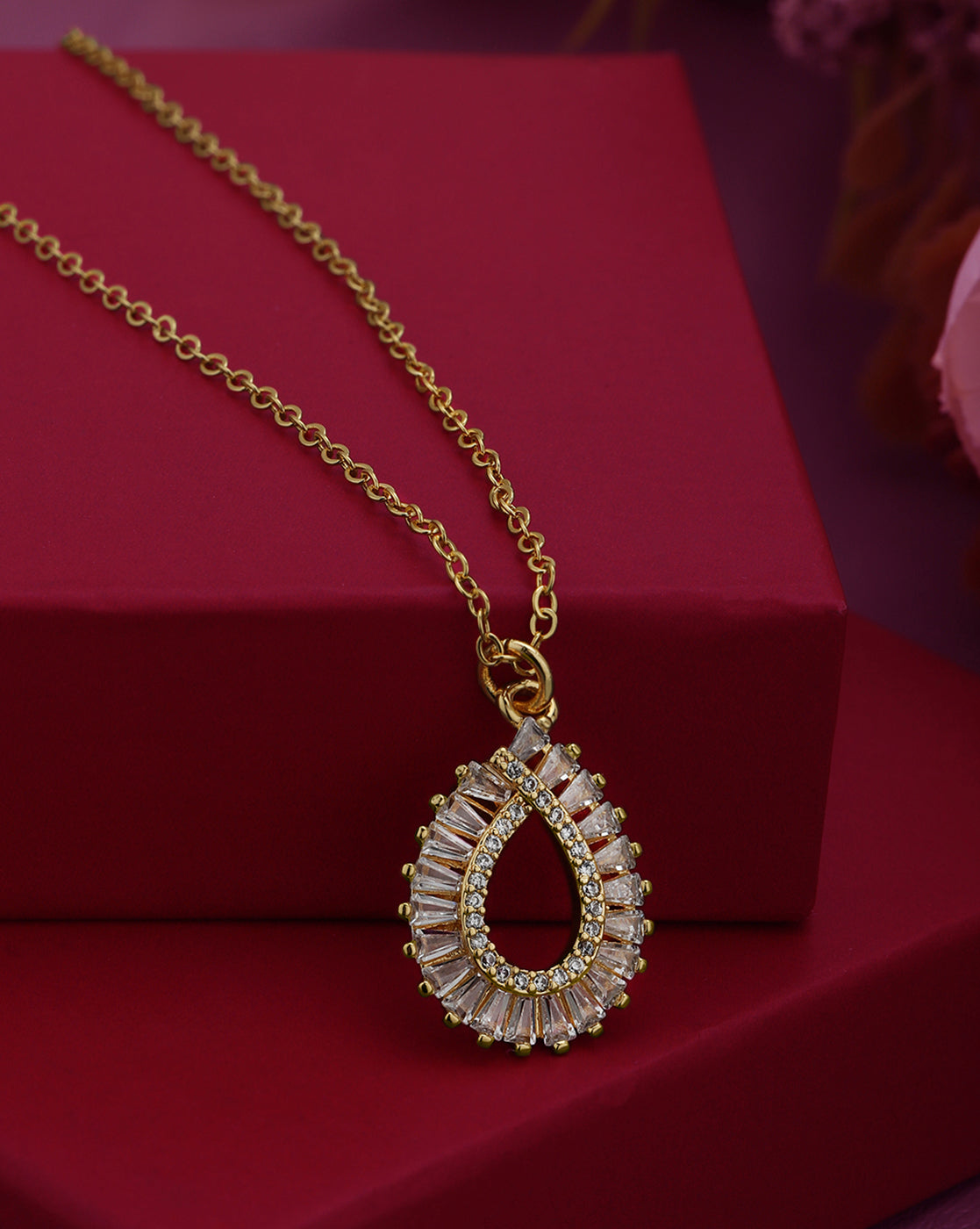 Gold Plated CZ Tear Drop Pendant Fancy Necklace