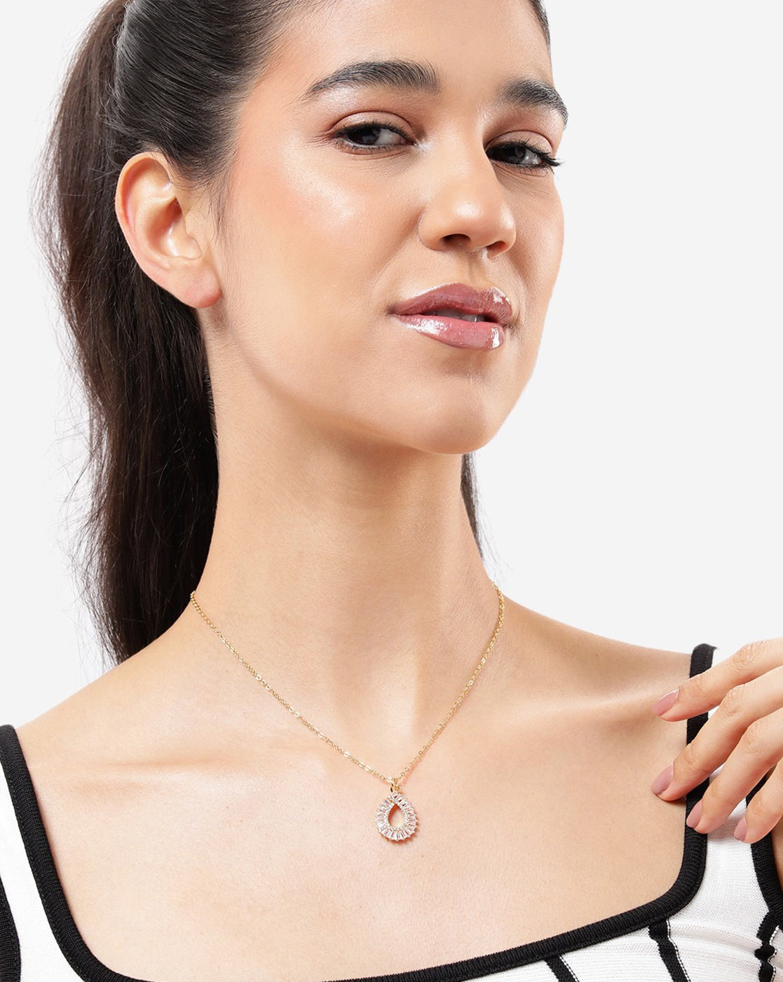 Gold Plated CZ Tear Drop Pendant Fancy Necklace